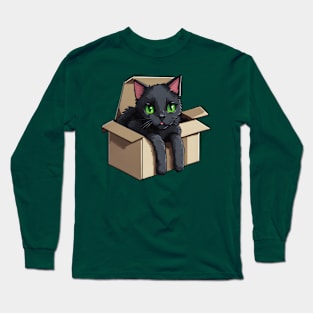 Black cat in a carton box - pixel art Long Sleeve T-Shirt